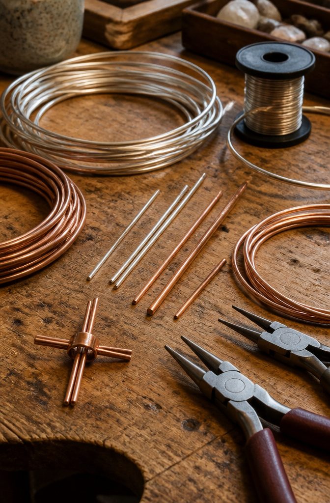 Jewelry Wire Wrapping Techniques: From Base to Finish 2 Various gauges of round wire coiled and straightened on a wooden table.