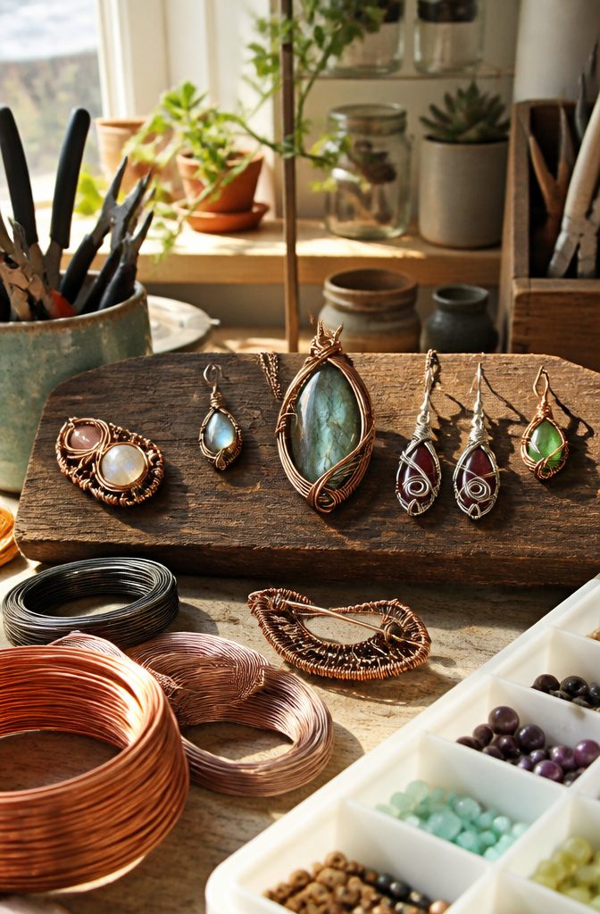 Jewelry Wire Wrapping Techniques: From Base to Finish 12 Several handmade jewelry pieces including pendants and earrings displayed together.