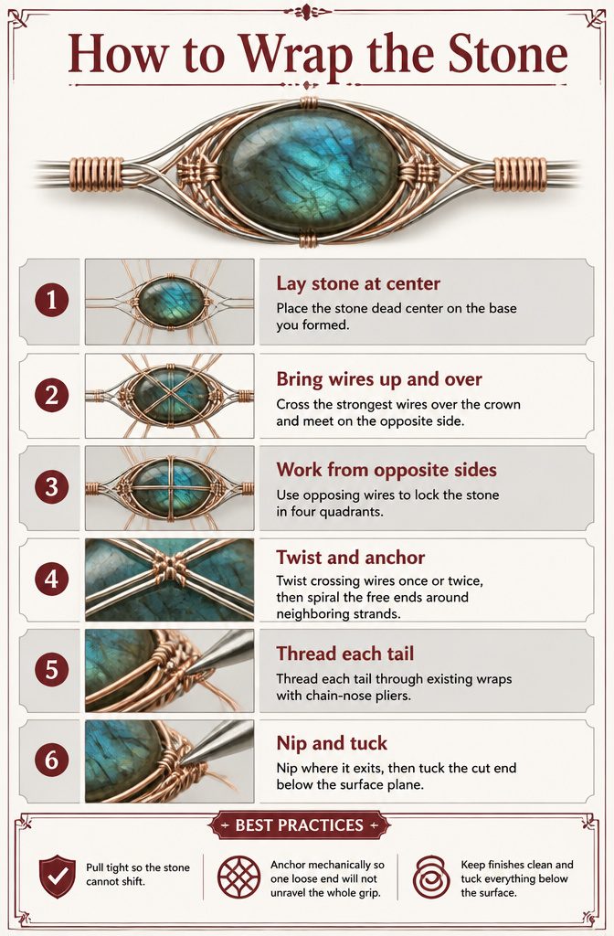 Jewelry Wire Wrapping Techniques: From Base to Finish 9 An image titled 'How to Wrap the Stone' with instructions for wire wrapping.