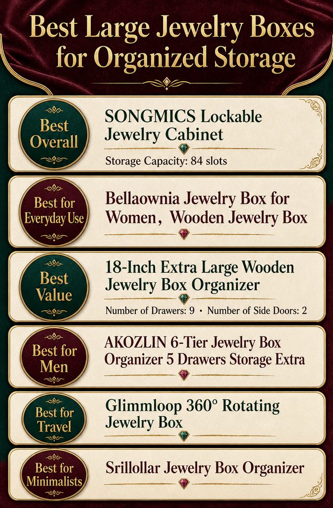 An infographic comparing different large jewelry boxes with product details.