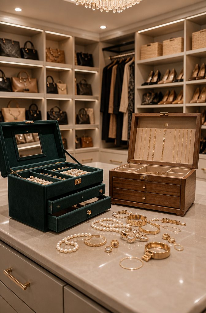 A spacious walk-in closet with organized jewelry storage solutions.