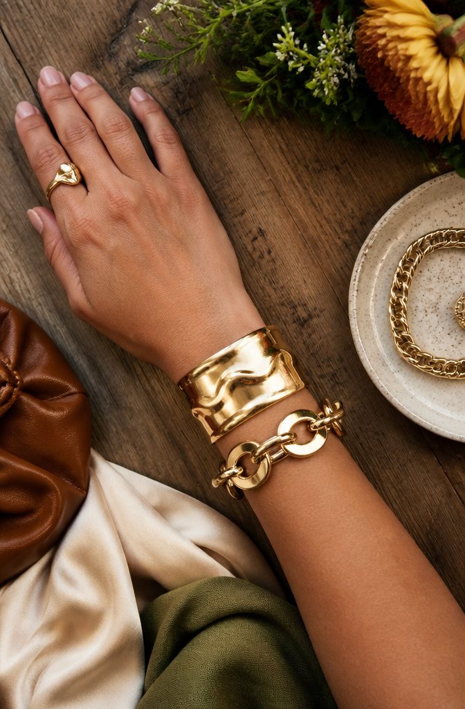 Maximalist Jewelry Gold: Oversized Earrings, Chunky Necklaces and the Full Trend 4 A model wearing a solid gold-plated cuff bracelet on her wrist.