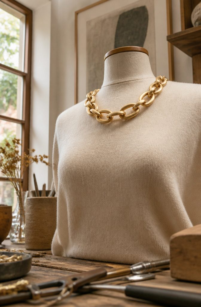 Maximalist Jewelry Gold: Oversized Earrings, Chunky Necklaces and the Full Trend 2 A model showcasing a chunky gold necklace with oversized links.
