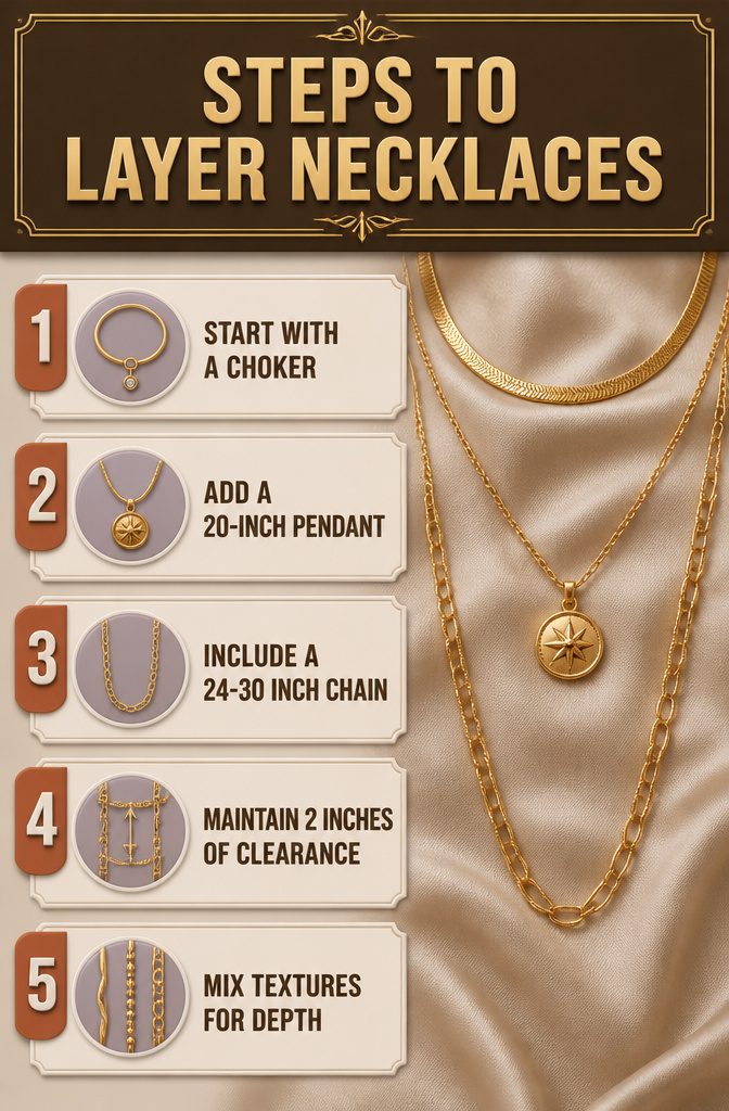 Maximalist Jewelry Gold: Oversized Earrings, Chunky Necklaces and the Full Trend 7 A layered necklace display showcasing different lengths and styles.