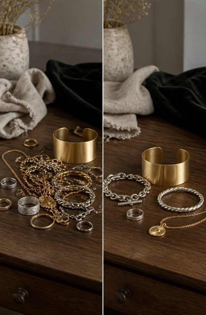Maximalist Jewelry Gold: Oversized Earrings, Chunky Necklaces and the Full Trend 6 A collection of mixed metal jewelry pieces featuring gold and silver.