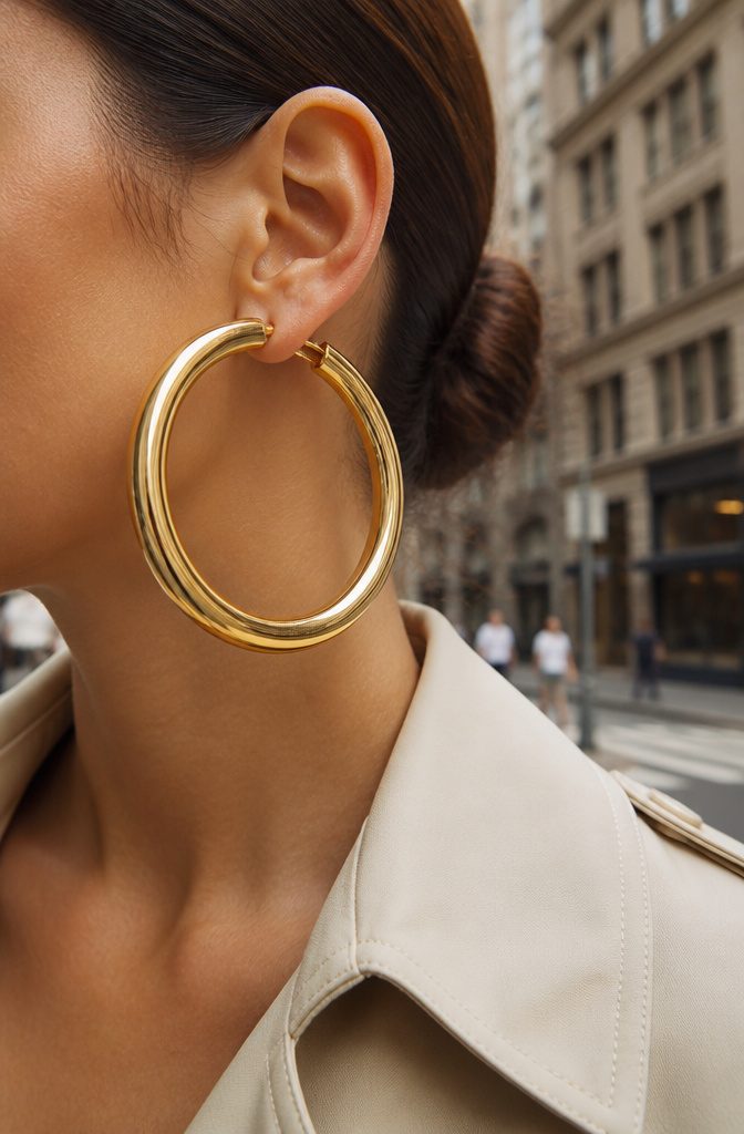 Maximalist Jewelry Gold: Oversized Earrings, Chunky Necklaces and the Full Trend 1 A model wearing large, gold oversized earrings that brush the collarbone.