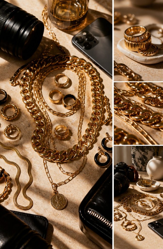 Maximalist Jewelry Gold: Oversized Earrings, Chunky Necklaces and the Full Trend 10 An arrangement of layered jewelry pieces designed for a social media display.