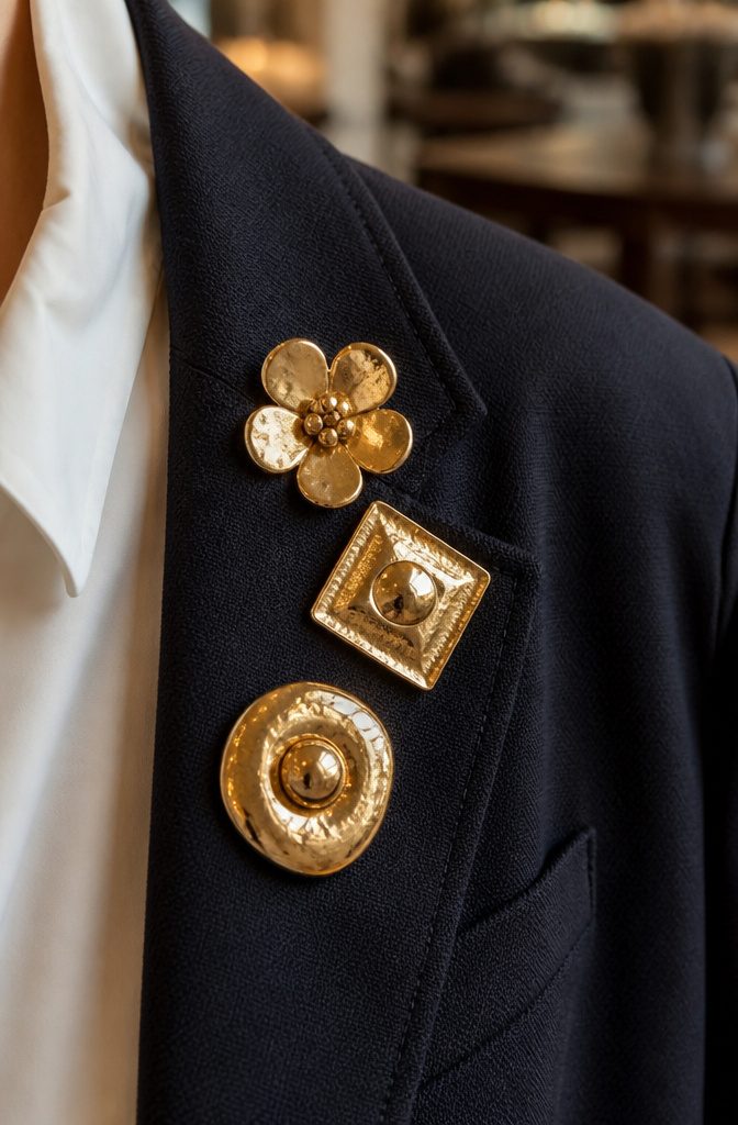 Maximalist Jewelry Gold: Oversized Earrings, Chunky Necklaces and the Full Trend 5 A collection of gold brooches pinned on a garment in a stylish arrangement.