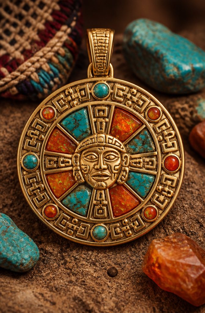 Gold jewelry with Aztec motifs and inlaid turquoise and opal stones.