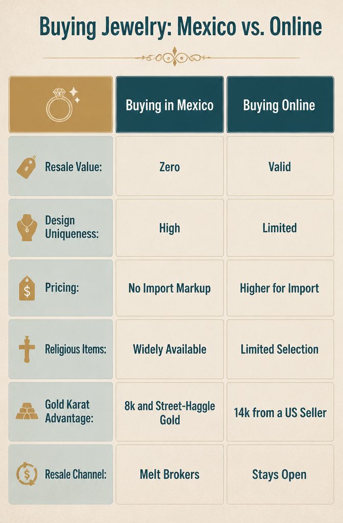 An image comparing jewelry buying options in Mexico and online.