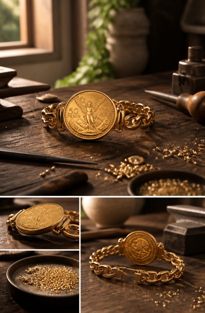 A bracelet made from Mexican gold coins displayed on a neutral background.