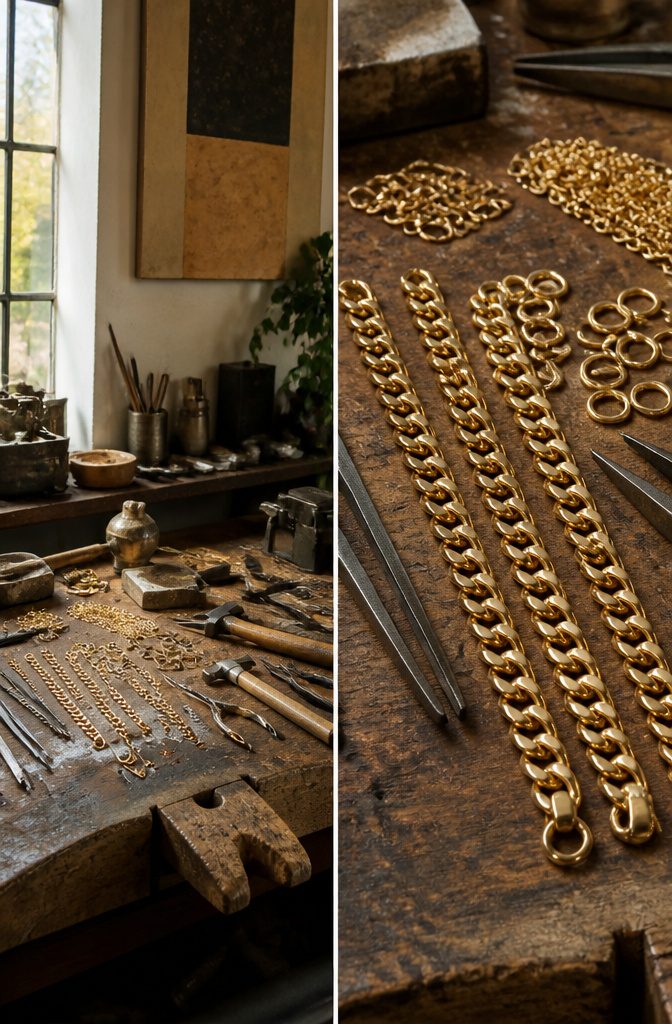 Close-up of handcrafted gold jewelry showing tool marks and variations.
