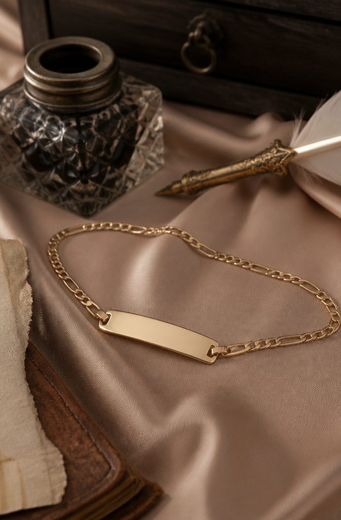 A gold ID bracelet featuring a rectangular engraved plate on silk.