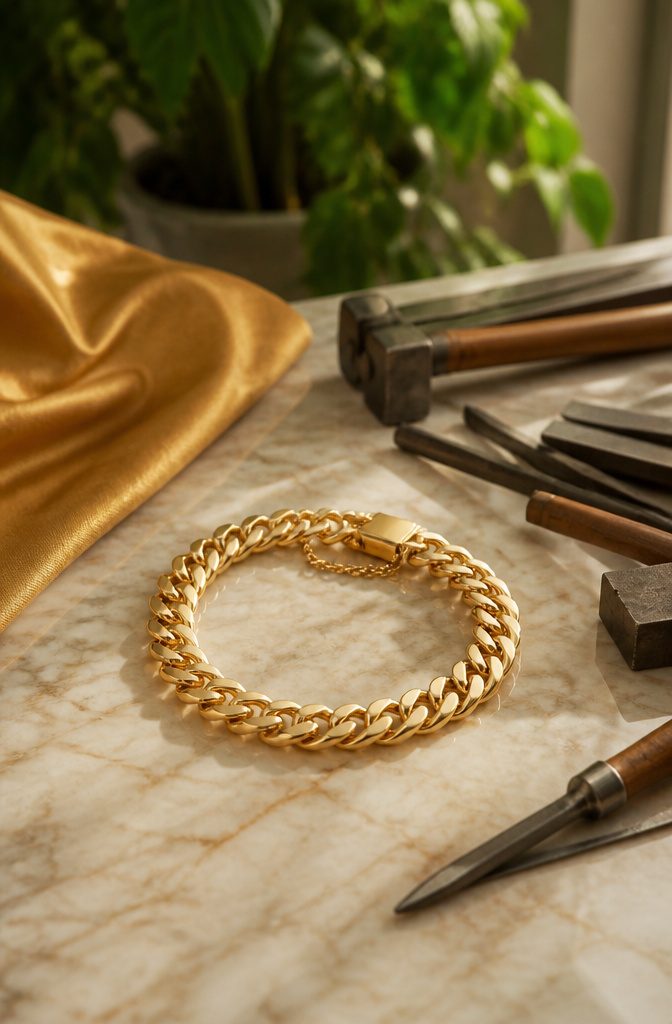 A curb link bracelet made of gold displayed on a marble surface.