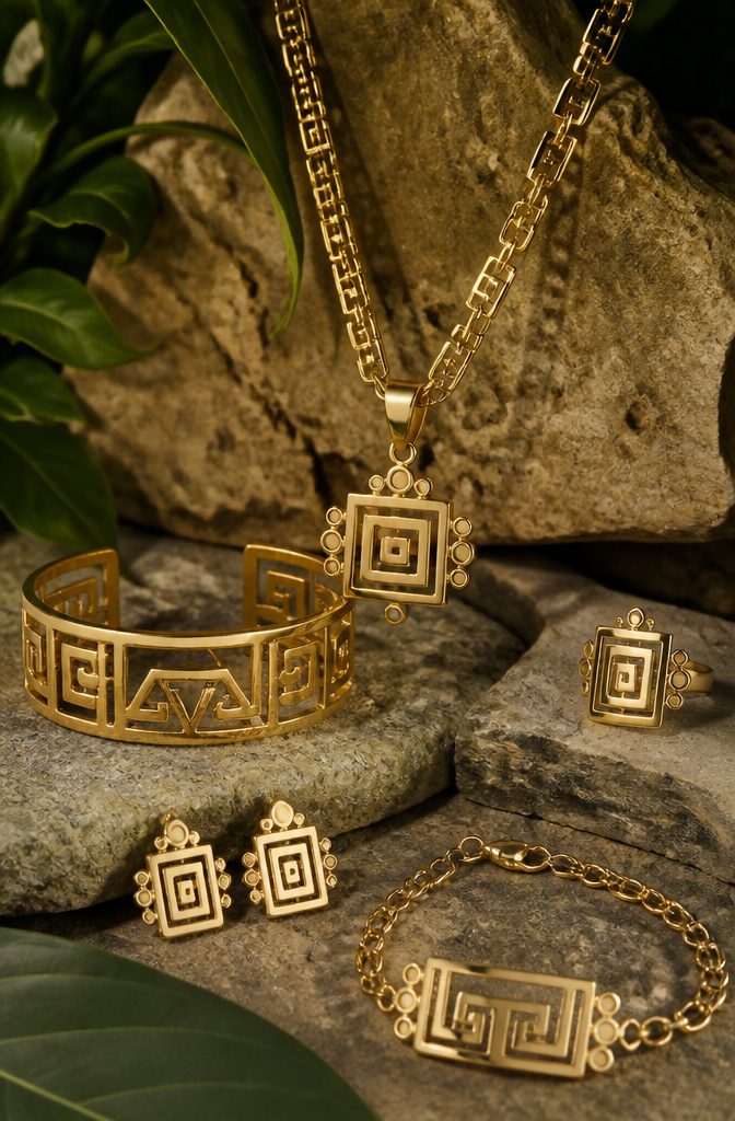 A collection of Mayan-inspired gold jewelry against a stone backdrop.