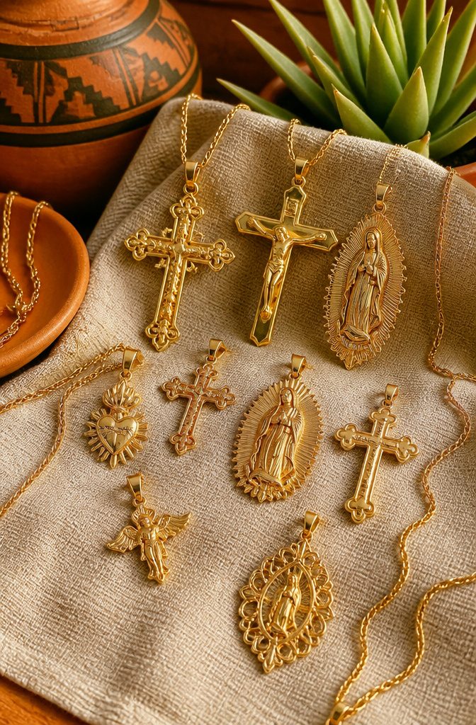 Mexican gold religious pendants and crosses with intricate designs.
