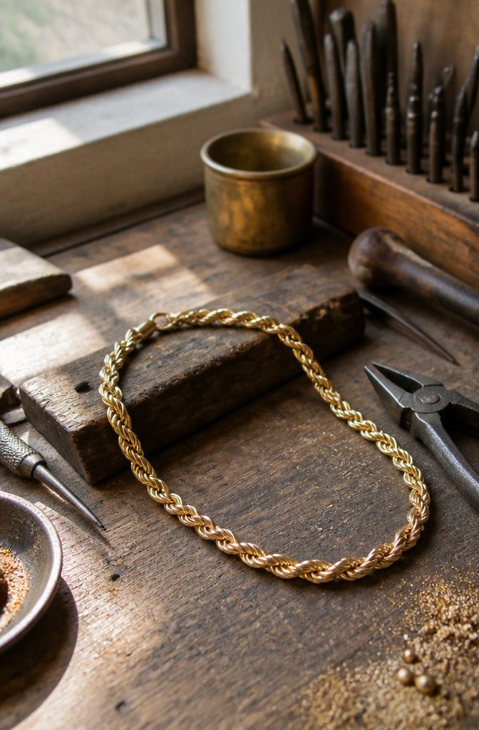 Twisted links of a Mexican gold rope chain on a wooden surface.