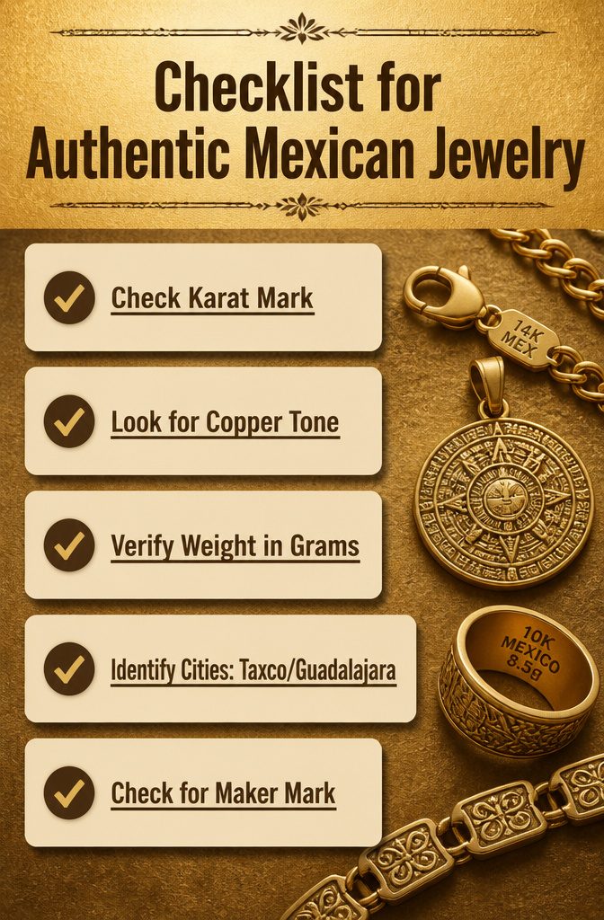 A checklist outlining features to identify authentic Mexican gold jewelry.