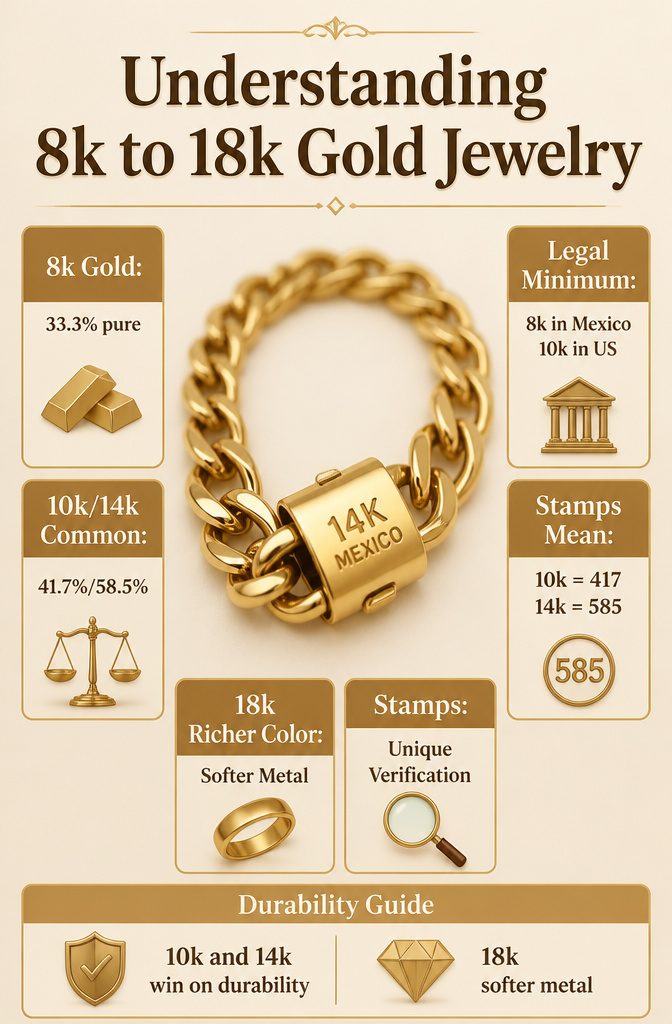 A visual guide detailing 8k to 18k gold jewelry information.
