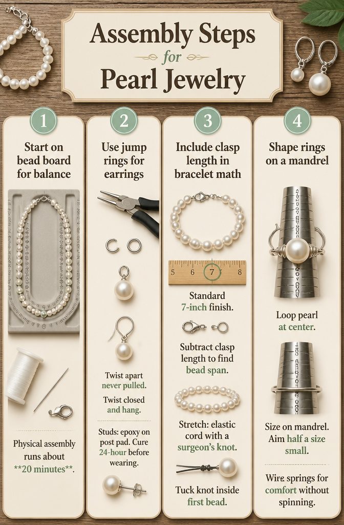 A bead board with pearls arranged for necklace assembly.