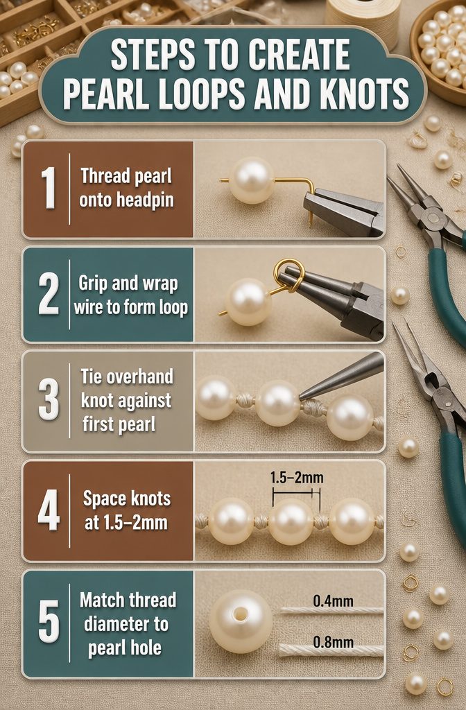 An instructional image detailing how to create loops and knots with pearls.