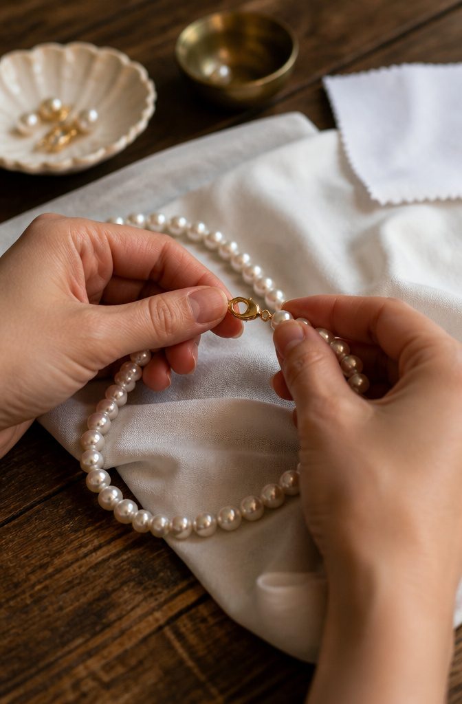A finished pearl necklace displayed on a white cloth background.