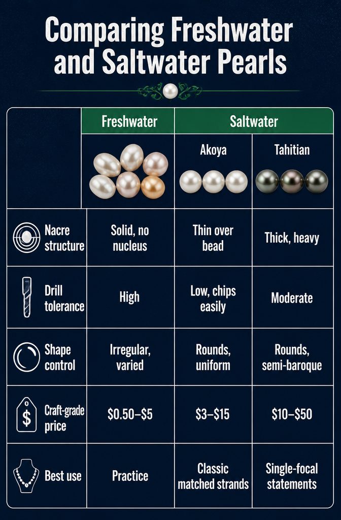 A chart comparing freshwater and saltwater pearls.