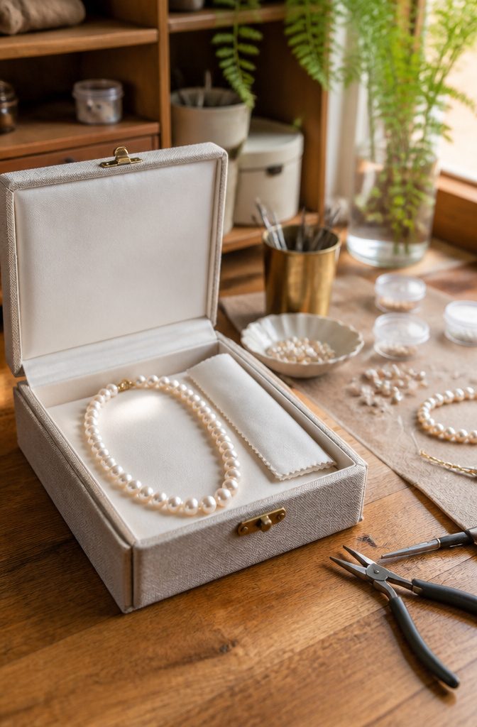 An open box with a pearl necklace and anti-tarnish material inside.