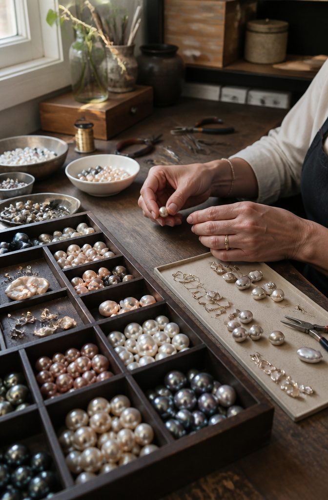 A jewel maker at a wooden bench surrounded by assorted freshwater pearls.
