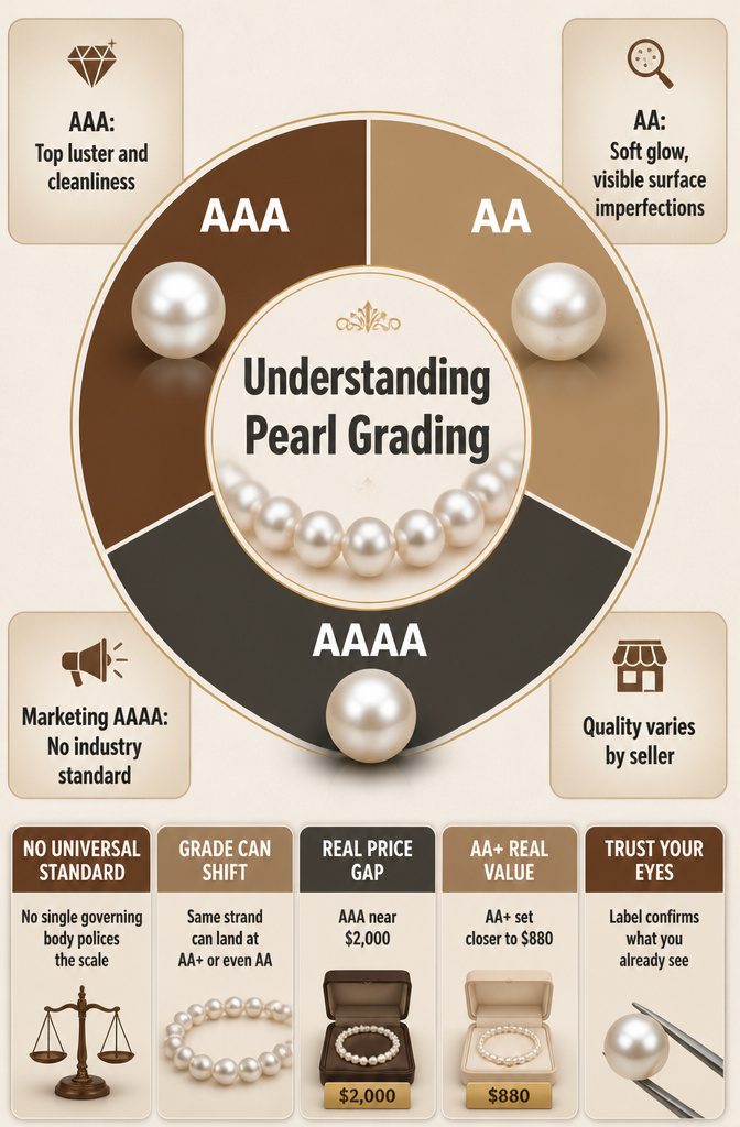Real Pearl Jewelry: Necklaces, Earrings, Rings, and More 14 Information image explaining pearl grading standards.