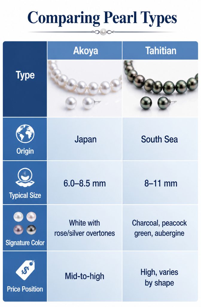 Real Pearl Jewelry: Necklaces, Earrings, Rings, and More 13 Image comparing different types of pearls, highlighting their differences.