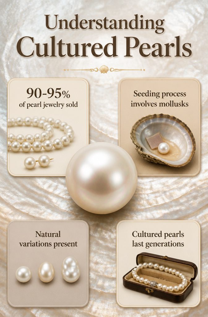 Real Pearl Jewelry: Necklaces, Earrings, Rings, and More 11 Information image on cultured pearls and their production.