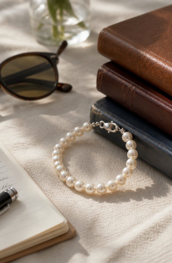 Real Pearl Jewelry: Necklaces, Earrings, Rings, and More 4 A strand bracelet made of 7.0–7.5mm white freshwater pearls on fabric.