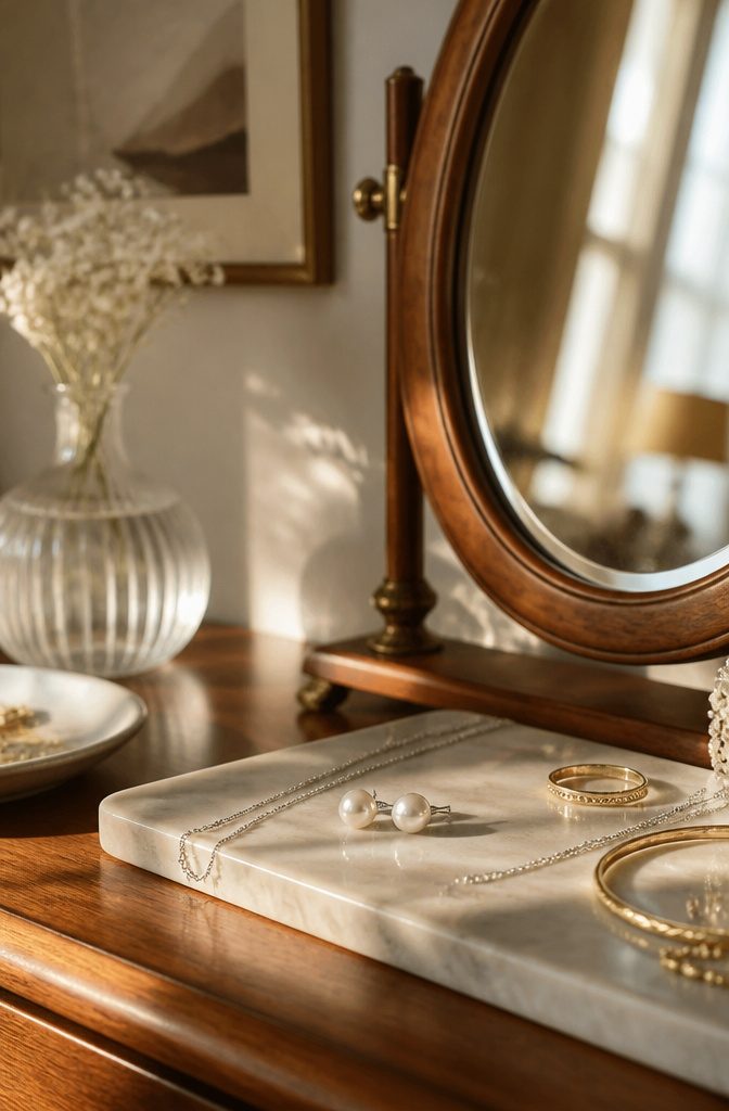 Real Pearl Jewelry: Necklaces, Earrings, Rings, and More 2 7.0–7.5mm White Akoya Round Pearl Stud Earrings on a dressing table.
