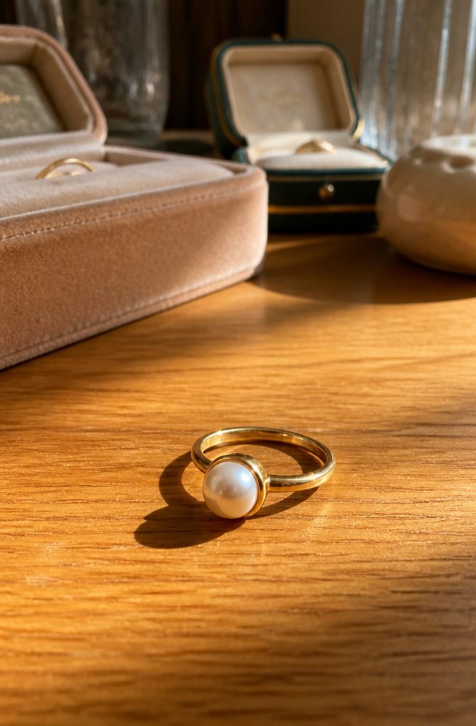 Real Pearl Jewelry: Necklaces, Earrings, Rings, and More 3 A lustrous pearl ring featuring an 8.0mm pearl on a wooden table.