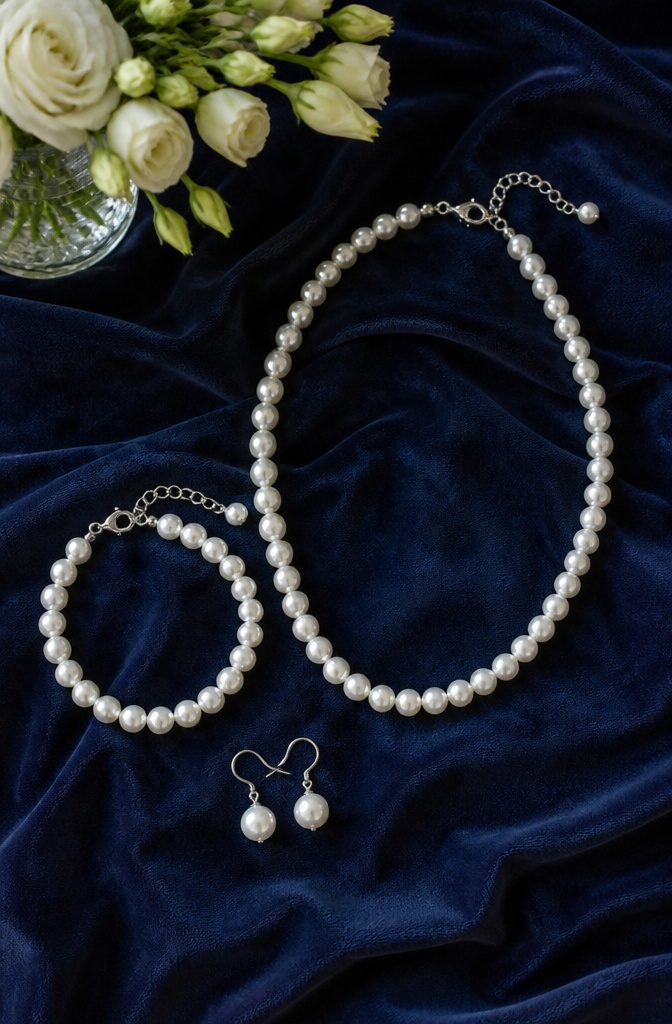 Real Pearl Jewelry: Necklaces, Earrings, Rings, and More 6 A matched pearl jewelry set including necklace, bracelet, and earrings.