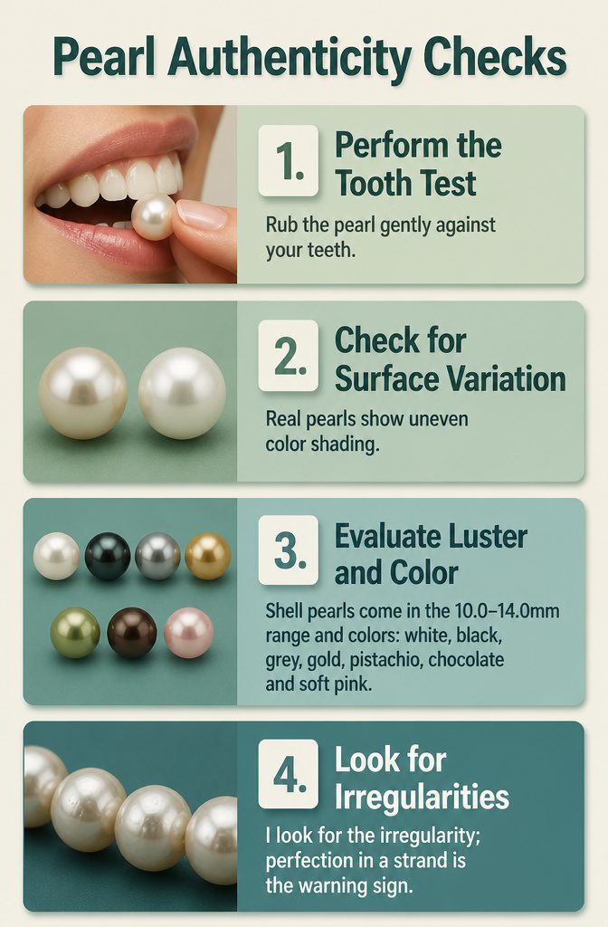 Real Pearl Jewelry: Necklaces, Earrings, Rings, and More 12 Image illustrating the tooth test for checking pearl authenticity.