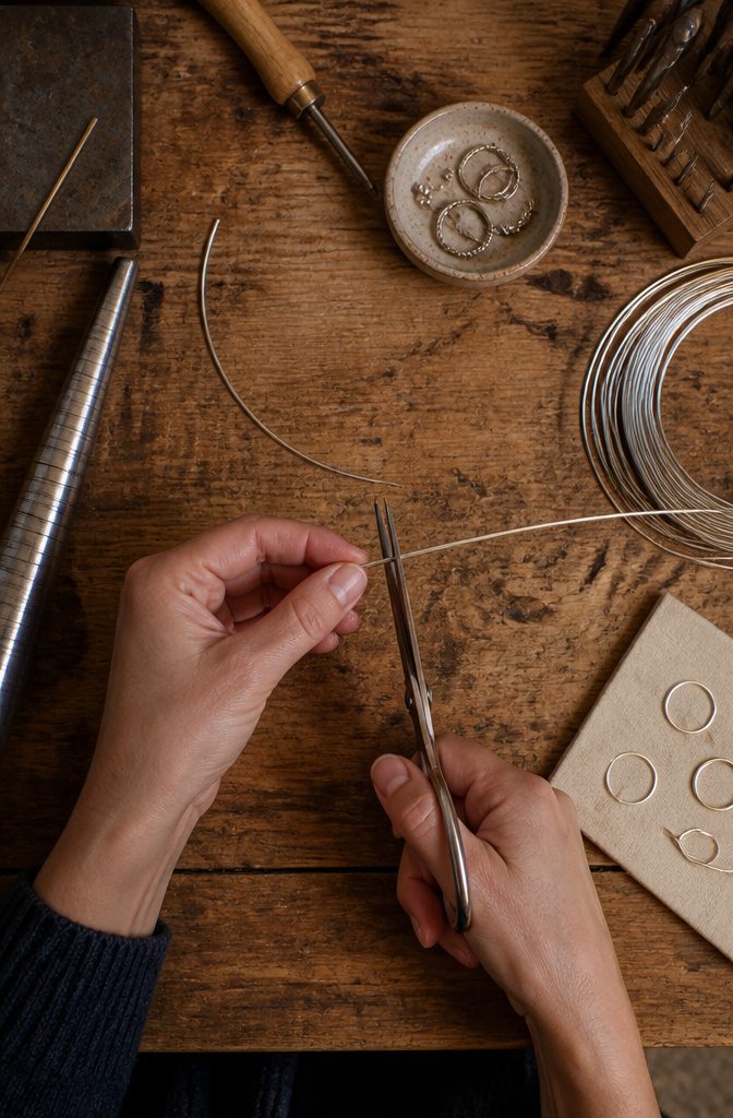 A photograph showing a length of wire prepared for ring making.