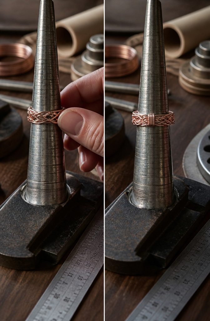 A woven wire band being measured for size.