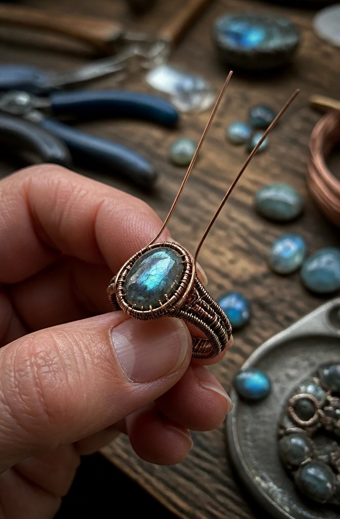 A wire ring with a stone being set in the band.