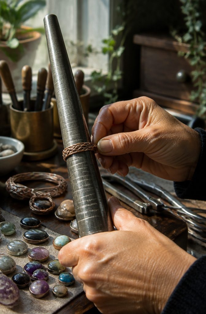 A hand shaping a wire band on a ring mandrel.