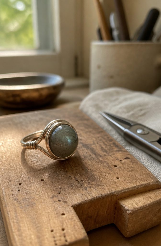 A wire ring holding a cabochon stone in place.