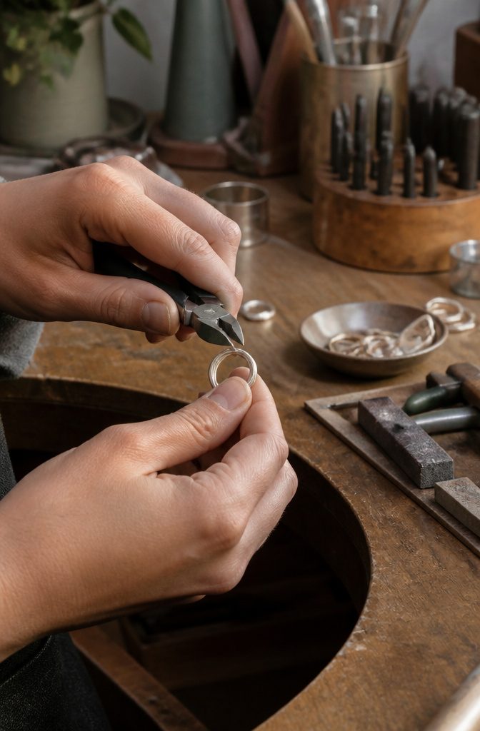 An artisan trimming the ends of a wire ring band.