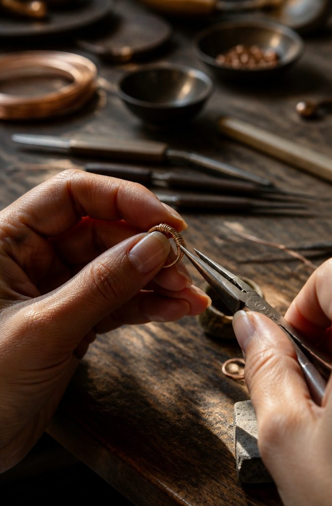 Close-up of hands wrapping a wire band for finishing touches.