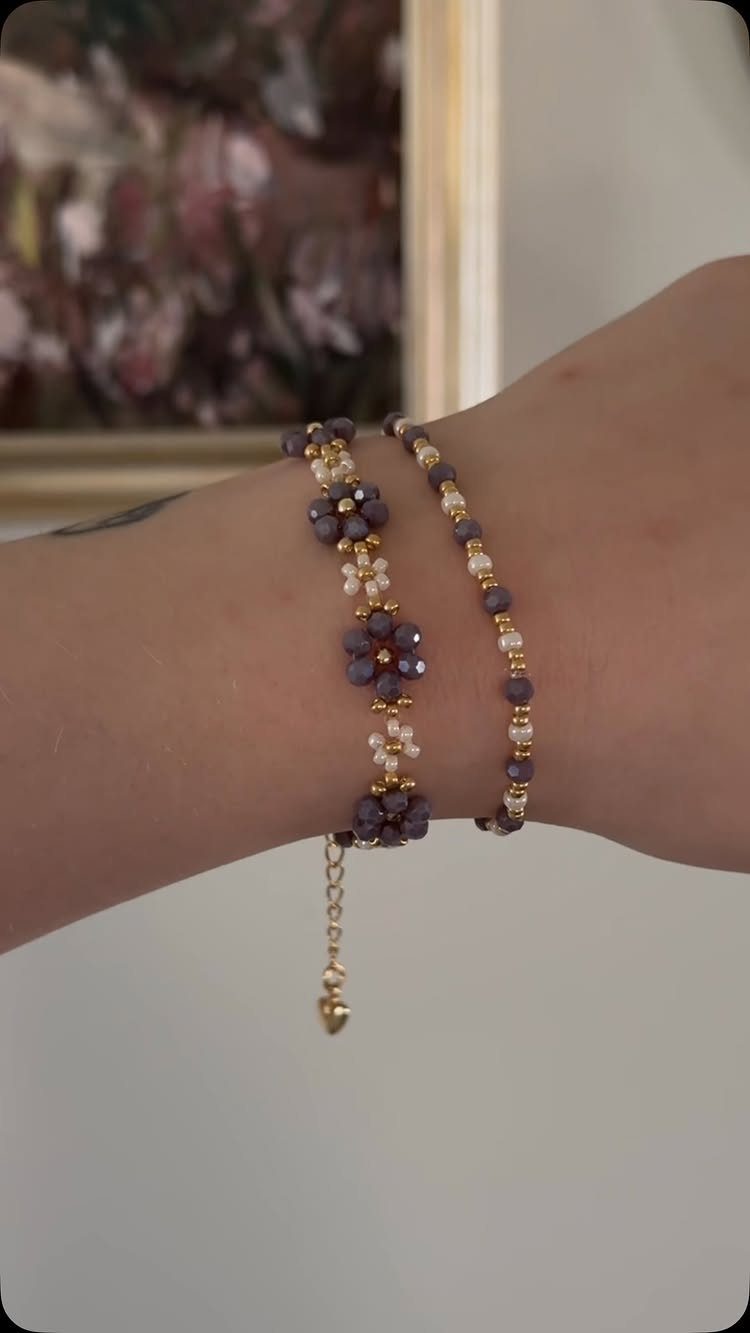Seed Bead Crafts: 19 Patterns and Projects for 2026 4 Two purple and gold seed bead bracelets worn on a person's wrist.