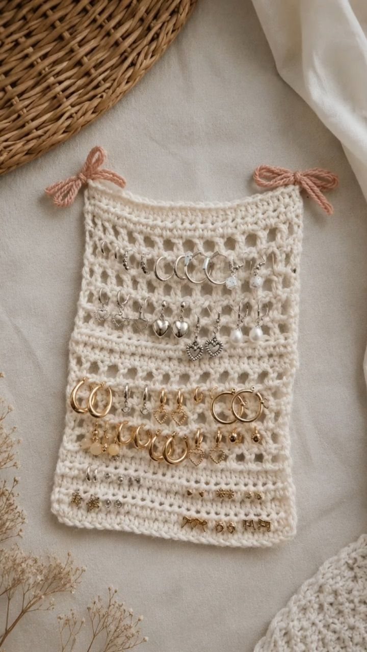 13 Stud Earring Storage Ideas for Every Jewelry Collection 1 Crocheted cream hanging organizer holding various gold and silver earrings on a neutral background