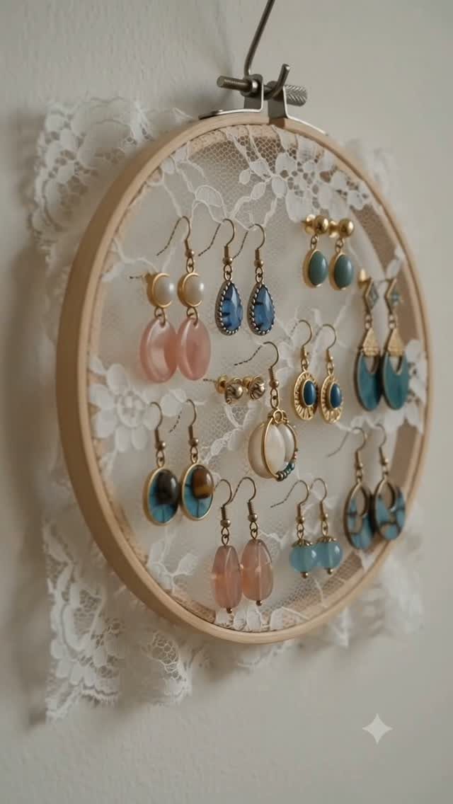 13 Stud Earring Storage Ideas for Every Jewelry Collection 12 Earrings hanging from white lace inside a circular wooden embroidery hoop holder.