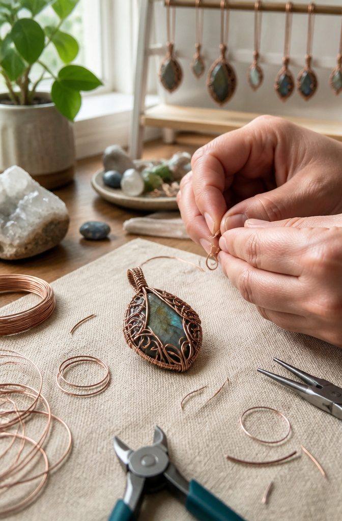 How to Make Wire Jewelry: 6 Steps for Wrapping and Setting Stones 5 A finished wire-wrapped pendant adorned with decorative elements.