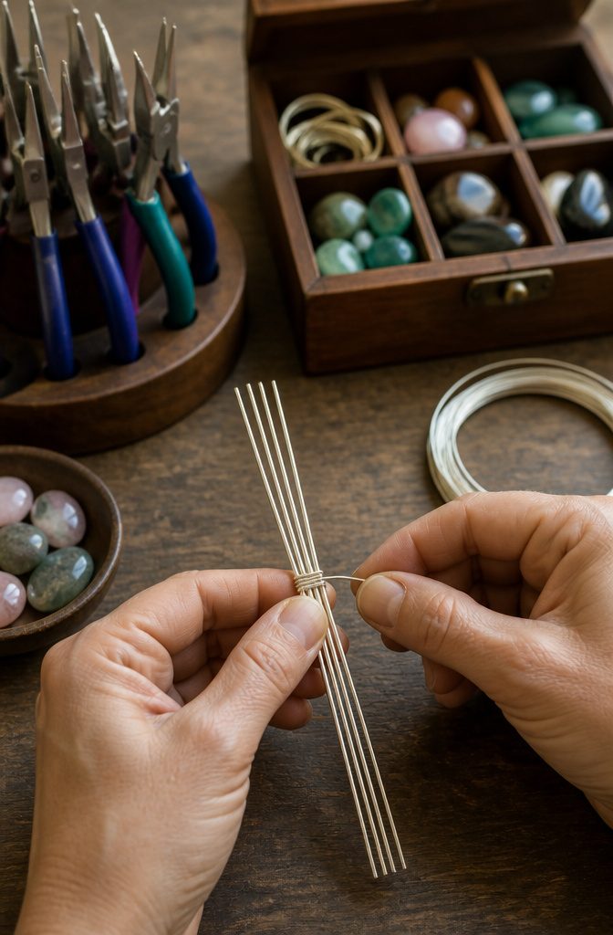 How to Make Wire Jewelry: 6 Steps for Wrapping and Setting Stones 2 Close-up of hands wrapping wire around a base for a jewelry piece.