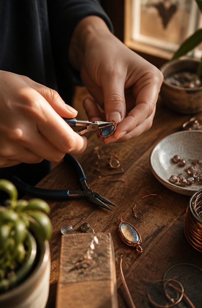 How to Make Wire Jewelry: 6 Steps for Wrapping and Setting Stones 6 Close-up of hands using flush cutters to trim wire ends.